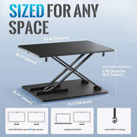 Ergonomic Standing Desk Converter With Quick Height Adjustment, 25.16 Inch Wide By 15.75 Inch Deep, Sit Stand Laptop And Monitor Stand, No Assembly Required, No Fuss Setup For Home Office And Desk Use, Black, adjustable height illustration