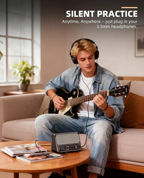 Musician using Portable 10W Bluetooth Guitar Amp With Built In Drum Machine Featuring 30 Patterns Clean And Drive Channel Reverb
