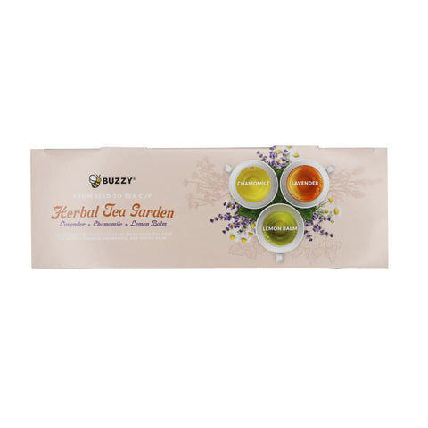 Herbal Tea Garden Starter Kit With Lavender Chamomile And Lemon Balm Seeds In 3 Square Tin Planters No Fuss Easy Indoor Homegrown Herb Kit For Windowsill Relaxing Gift For Garden Lovers packaging with three seed pods