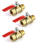 Three Pack Heavy Duty Brass Ball Valve Set, 1/4 Inch NPT Male to 1/4 Inch Female Threads, 180 Degree Handle Shut Off Valve