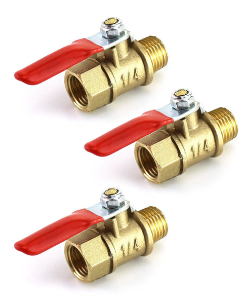 Three Pack Heavy Duty Brass Ball Valve Set, 1/4 Inch NPT Male to 1/4 Inch Female Threads, 180 Degree Handle Shut Off Valve