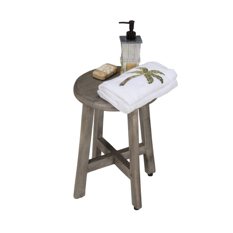 CoastalVogue 12 Inch Teak Shower Stool Round Gray Waterproof Bath Bench for Inside Shower with towel and soap on top