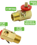 Close-up of brass manifold with aluminum shut off knob and safety valve for Air Tank Assembly Kit With 4 Ft Air Hose And 1/4 In Npt Tire Chuck, Brass Manifold, 0-200 Psi Gauge, Safety Bypass Valve, Manual Override, On Off Air Adjustment For Home Garage Workshop Use Up To 300 Psi.