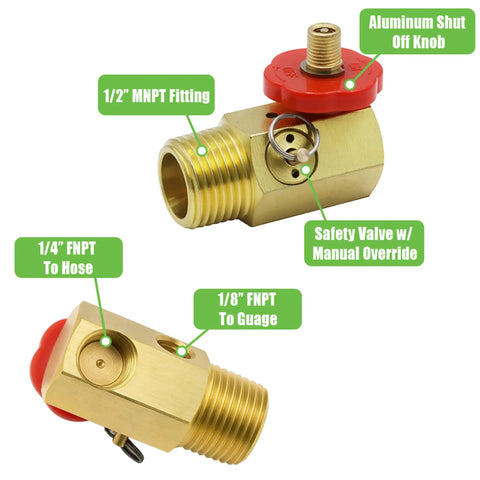 Close-up of brass manifold with aluminum shut off knob and safety valve for Air Tank Assembly Kit With 4 Ft Air Hose And 1/4 In Npt Tire Chuck, Brass Manifold, 0-200 Psi Gauge, Safety Bypass Valve, Manual Override, On Off Air Adjustment For Home Garage Workshop Use Up To 300 Psi.