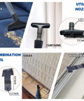 All In One Vacuum Attachment Kit With Horsehair Hardwood Floor Brush, showing utility nozzle on sofa and window sill.