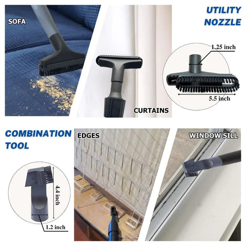 All In One Vacuum Attachment Kit With Horsehair Hardwood Floor Brush, showing utility nozzle on sofa and window sill.