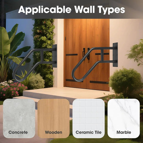 Rock Solid U Shaped Hand Rails For Outdoor Steps With Heavy Duty Wall Mount Grab Bar display for concrete, wooden, tile, and marble walls.