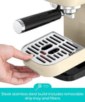 Hand removing drip tray from Barista Worthy Home Espresso Machine With 20 Bar Pressure, Stainless Steel Coffee Maker, Cream Finish.