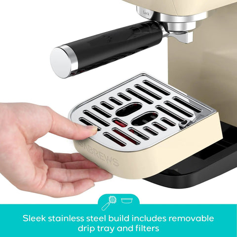 Hand removing drip tray from Barista Worthy Home Espresso Machine With 20 Bar Pressure, Stainless Steel Coffee Maker, Cream Finish.