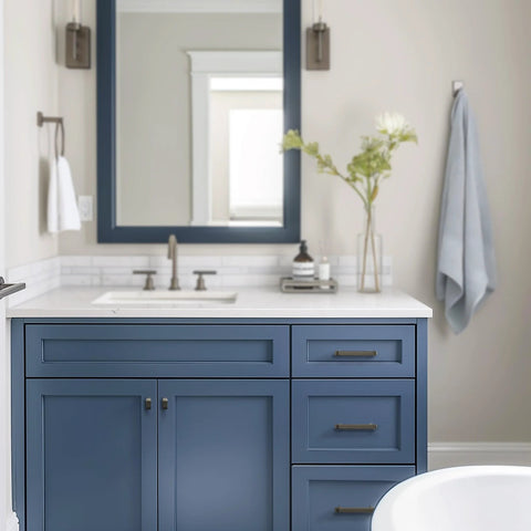 Blue bathroom vanity with Weathered Nickel Cabinet Pulls, 5 Inch Length, 128mm Screw Spacing, knurled textured modern hardware.