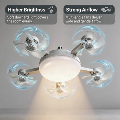 E26 Socket Fan With Light And Remote, Super Easy Screw In Ceiling Fan For Home Or Workshop, Total No Wire Setup, Smooth Remote Airflow, Bright Bulb And Fresh Chill Breeze, Real Deal Upgrade, showing strong airflow and bright light.