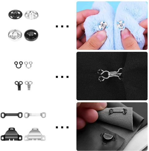 50 Pairs Hook And Eye Set For Sewing, 3 Styles Metal Latches And Press Studs Kit with black and silver hooks for garments