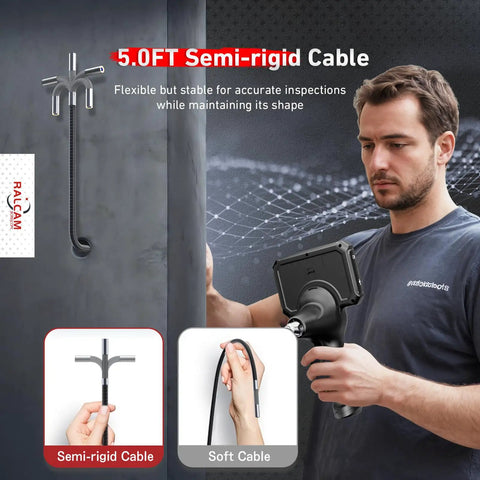 4 Way 360 Degree Articulating Borescope With Joystick Control For Mechanics Gearheads Automotive HVAC Wall Inspections, 5 Inch LCD Display, Flexible Probe For Tight Spaces, 5.0ft semi-rigid cable shown