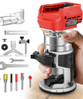 Cordless Compact Router Compatible With Milwaukee Batteries Offering Six Variable Speeds Up To Thirty Thousand Rpm Eight Hundred Watt woodworking machine held in hand with trim bits.