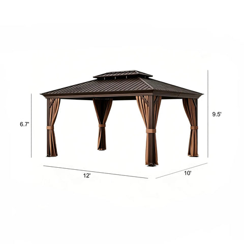 All Season Hardtop Metal Roof Gazebo With Mosquito Netting And Privacy Curtains For Backyard Patio Deck Built Tough Heavy Duty Outdoor Shelter That Stands Up Year Round Brown 10x12 Ft.
