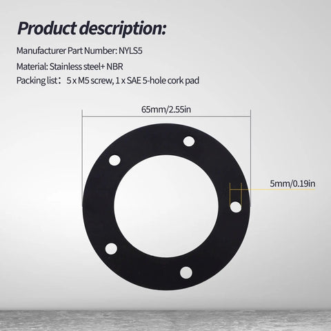 Stainless steel NBR gasket with dimensions for 0 To 190 Ohms Marine Fuel Sending Unit, includes M5 screws and SAE cork pad
