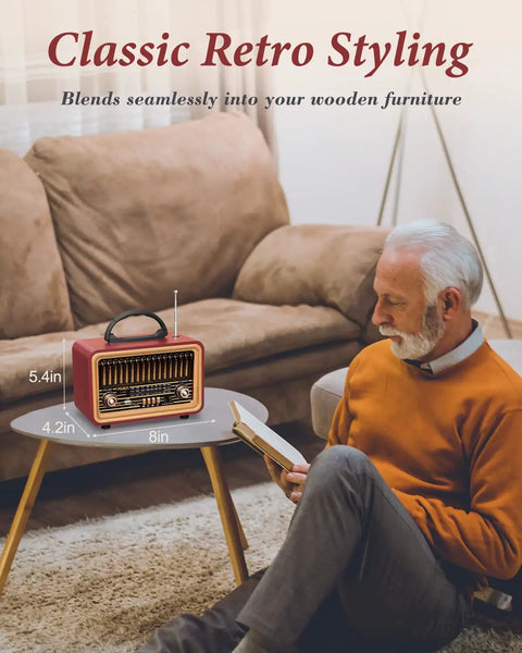 Retro Bluetooth Speaker With Deep Bass And Stereo Sound Portable AM FM Radio on coffee table near man reading in living room