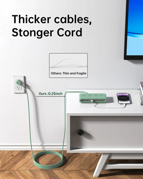 All In One Power Strip With 6 USB Ports And 4 AC Outlets, 5 Ft GaN Fast Charging Station, USB-C PD 3.0, Charges Up To 10 Devices, No Fuss Power Hub For Home Office Dorm And Travel, PD20W Ready. Green power strip with thick 0.25-inch cord on desk.