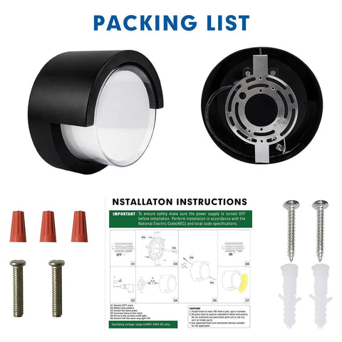 Packing contents for Round Outdoor Sconce Lights Low Profile Porch Lighting Modern Wall Fixtures 12W 3200K Warm White for Patio