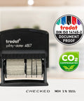 Premium Self Ink Date Stamp Featuring Dial Phrase Adjuster with checked imprint on paper, sturdy black rubber build.