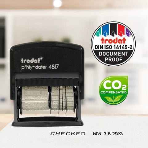 Premium Self Ink Date Stamp Featuring Dial Phrase Adjuster with checked imprint on paper, sturdy black rubber build.