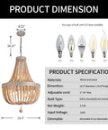 Six Light Farmhouse Boho Wood Bead Chandelier Modern Natural Wooden Beaded Pendant Light Fixture E12 Adjustable Pendant Lighting dimensions