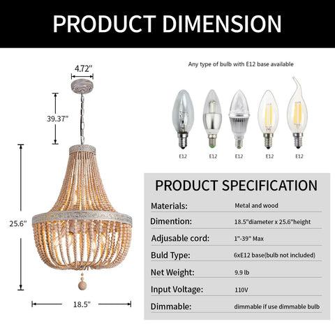 Six Light Farmhouse Boho Wood Bead Chandelier Modern Natural Wooden Beaded Pendant Light Fixture E12 Adjustable Pendant Lighting dimensions