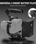 Foldable V Mount Battery Plate With Arca Type Quick Release Baseplate for DSLR Video Rig, shown attached to camera setup