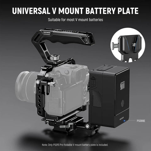 Foldable V Mount Battery Plate With Arca Type Quick Release Baseplate for DSLR Video Rig, shown attached to camera setup