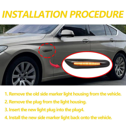 BMW Lit Sequential LED Side Marker Turn Signal Lights installation on car fender showing amber flowing LED lamps