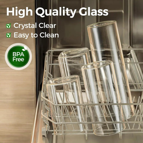 Six Pack Airtight Glass Storage Canisters With Square Lids Set For Flour Cereal Sugar Tea Coffee Beans Snacks Pantry Organization Kitchen Jars 0.7 Qt 1.2 Qt 1.6 Qt shown in dishwasher