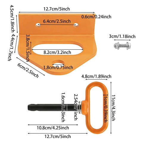 Beefy Heavy Duty Mower Trailer Hitch Kit With Five Eighths Inch Magnetic Pin For Lawn Tractors And Zero Turn Mowers Rust Resistant Steel Construction With Dual Lock Security For Secure Towing And Easy Hookup. orange steel hitch plate with 5/8-inch pin and bolt dimensions