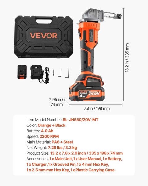 Cordless Metal Nibbler with 20V 4000mAh battery and 2200 RPM brushless motor, shown with plastic carrying case and accessories, ideal for steel and aluminum sheets.