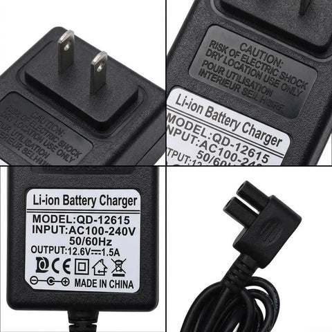 Li-ion Battery Charger Model QD-12615 with plug and specifications, compatible with various devices, input AC100-240V.
