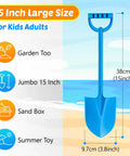 Diagram of a 15-inch blue shovel from the 4 Piece 15 Inch Beach Sand Shovel Set for Kids, showing measurements and uses.