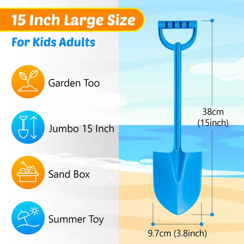 Diagram of a 15-inch blue shovel from the 4 Piece 15 Inch Beach Sand Shovel Set for Kids, showing measurements and uses.