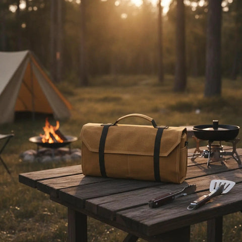 Canvas Knife Roll Bag With Handle For Travel And Camping on picnic table with campfire and tent in background