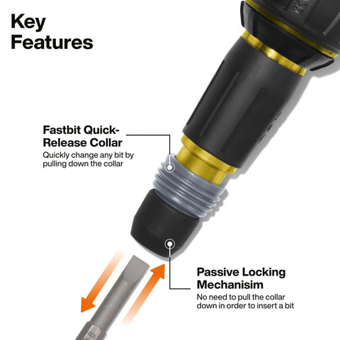 Close-up of Ratcheting Tru-Grip Ball-Style Screwdriver quick-release collar and passive locking mechanism with bit insertion detail.