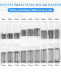 360-piece stainless steel watch band pins in a clear organizer, 8–25mm sizes, 1.5mm diameter.