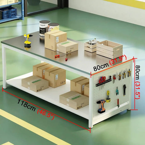 Heavy Duty Battle Ready Double Layer Stainless Steel Workbench With Pegboard Backsplash And Roomy Prep Desk for shipping packaging, 118cm wide.