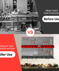 Comparison of a messy workshop and organized wall with Four 12x24 Inch Metal Pegboard Panels Kit With 64 Accessories installed.