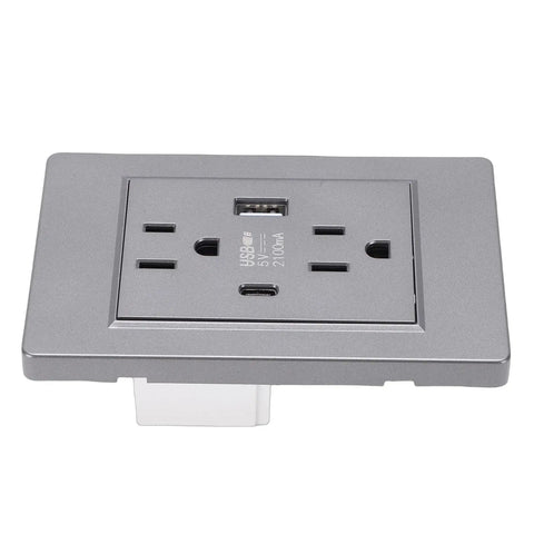 Built Tough 15A Decorator Wall Outlet With USB And Type C Quick Charge Ports Splash Proof Standard Switch Plate For Home And Office Clean Grey, shown from the front view.