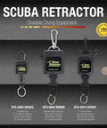 Scuba Retractor RT4, RT3, and RT5 Series Gear with Clips on Display