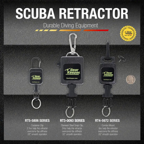 Scuba Retractor RT4, RT3, and RT5 Series Gear with Clips on Display