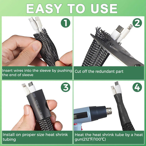 Steps showing use of 132 Ft Expandable Braided Cable Sleeve Kit With Four Size Set One Quarter Inch PET for wire management