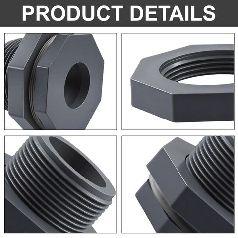 Knockout Quality 1 Inch NPT Bulkhead Fittings Weather Resistant PVC Water Tank Connector Set 2 Pack close-up of grey adapter details.