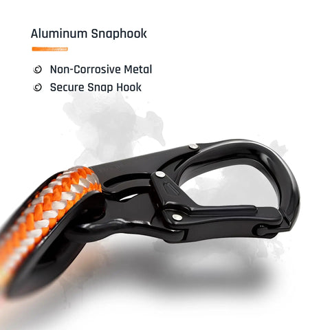 Aluminum snap hook detail on Arborist Lanyard For Tree Work Half Inch Polyester Rope With Fully Adjustable Length To Ten Feet