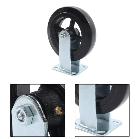 Heavy Duty Rigid Caster Wheels Eight Inch By Two Inch featuring rubber tires and solid cast iron cores for smooth rolling on hard floors.