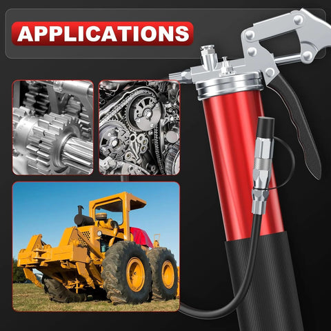 Fantictas grease gun kit with pistol grip, quick-lock coupler, spring hose, 14oz load (front view).