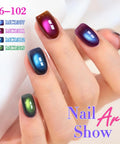 Close-up of nails with Cat Eye Gel Nail Polish with Magnetic Effect, Holographic Glitter Shine, showcasing varied colors.
